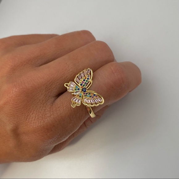 18k Gold Plated Pink Cubic Zirconia adjustable butterfly Ring. Anillo Mariposa - Picture 3 of 7